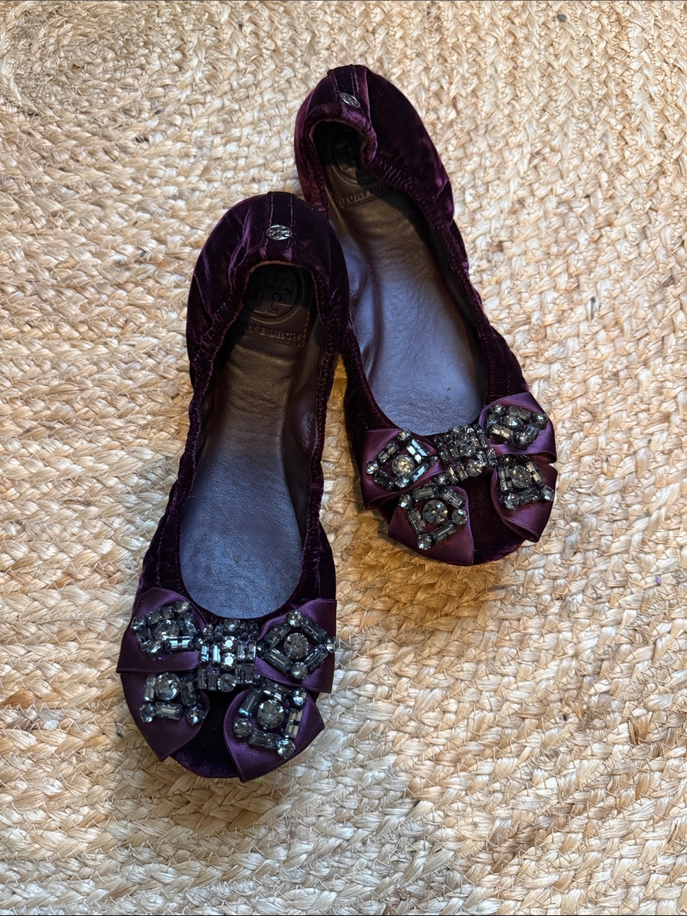 Tory Burch Jeweled Velvet Ballet Flats in Plum